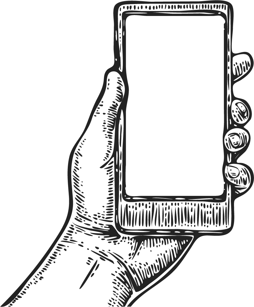 Woodcut illustration hand holding phone