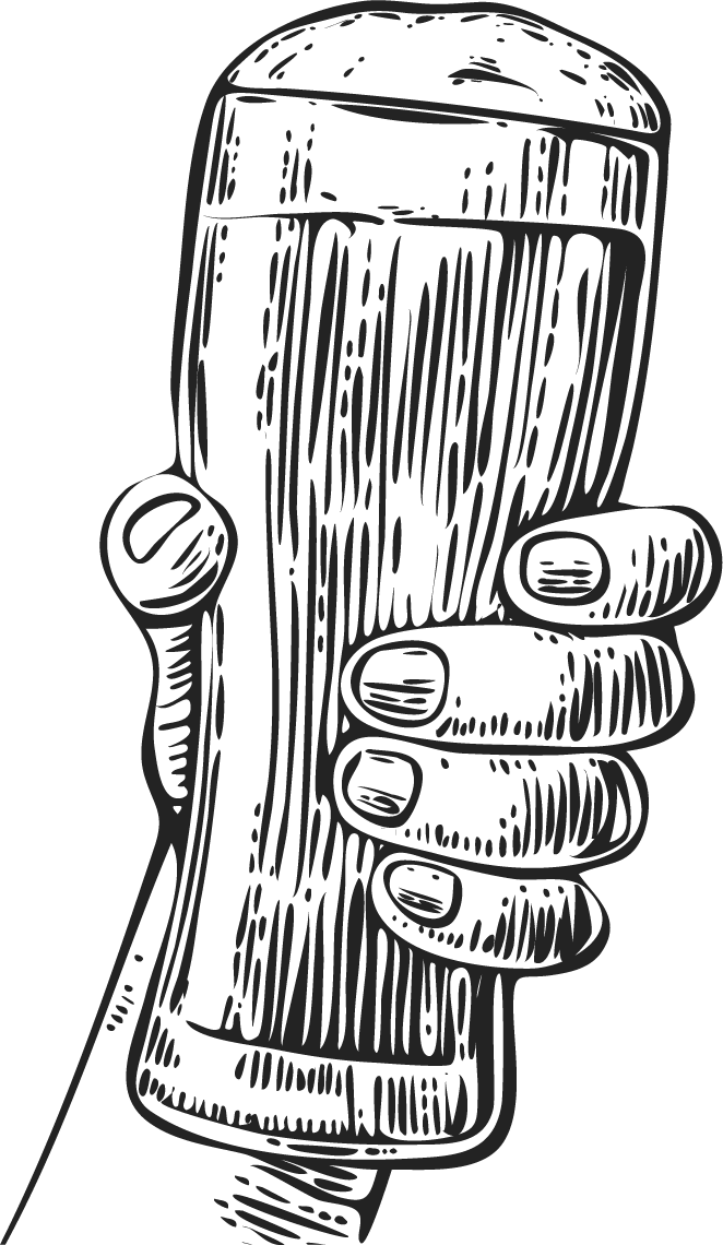 Woodcut illustration hand holding beer pint