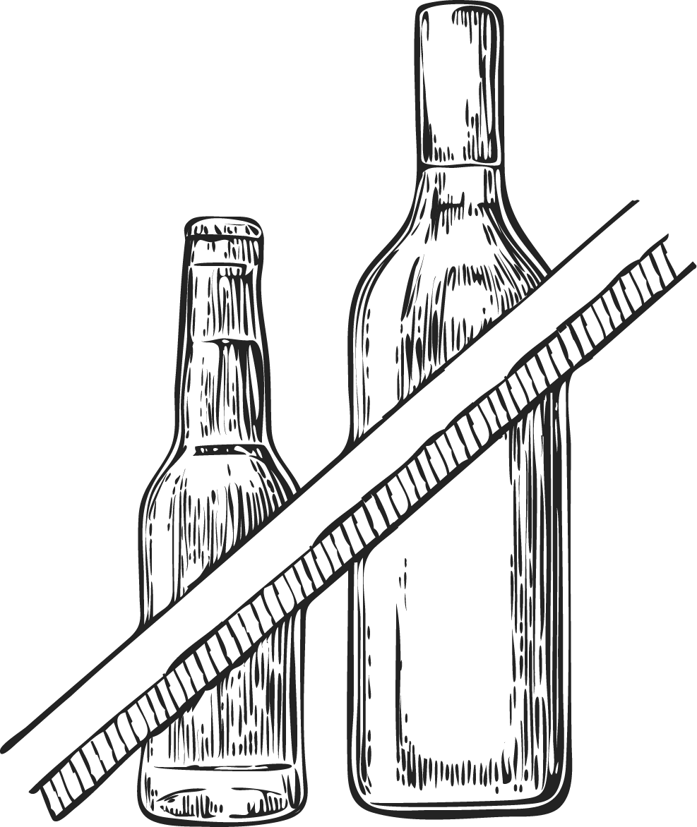 Woodcut illustration alcohol bottles with an X through them